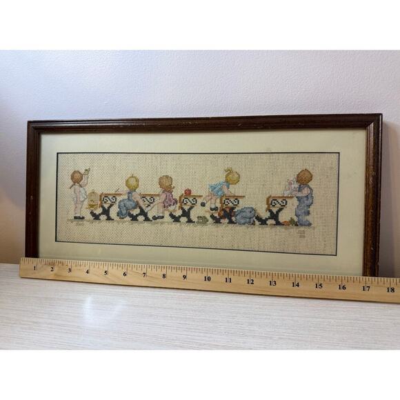 Vintage Framed Cross Stitch Classroom Homeschool Teacher 17.5Lx8W Cottagecore - Picture 7 of 8